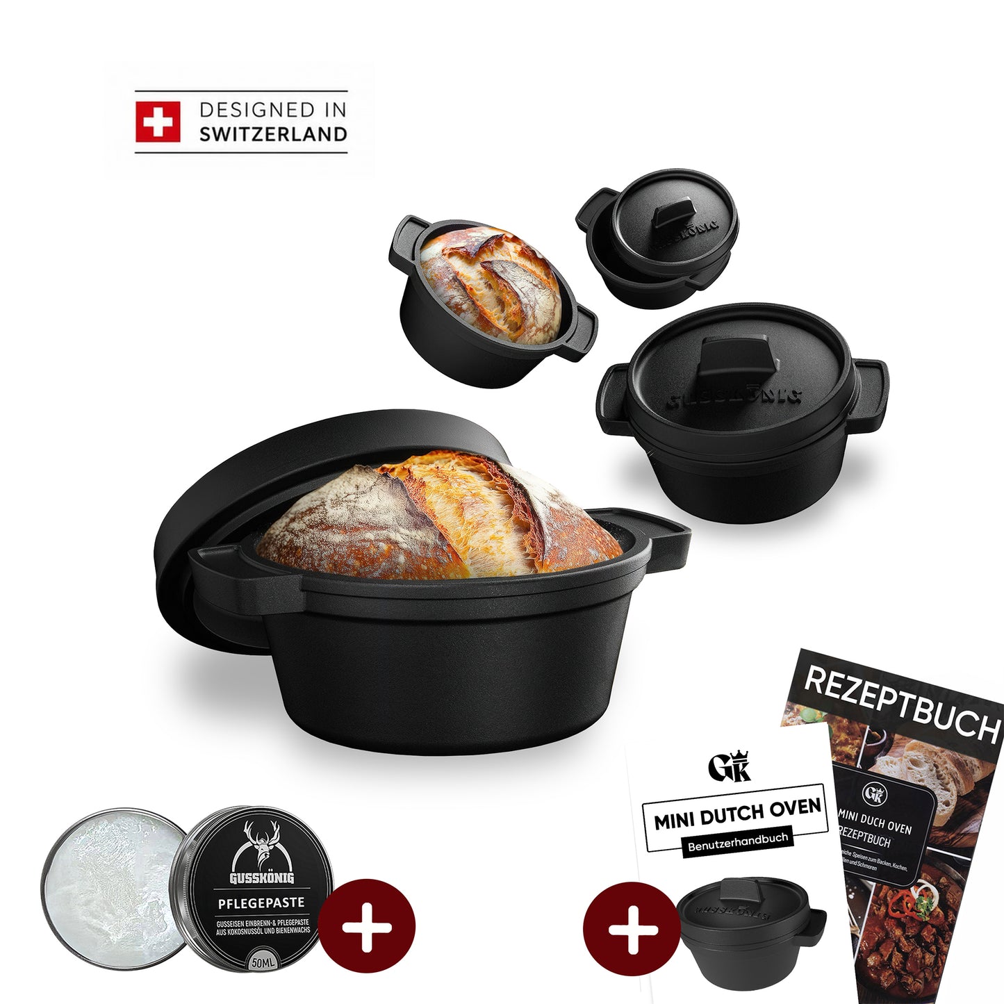 GUSSKÖNIG Mini Gusseisen Brotbackform Set – [6x, 4x] 300ml Brotbacktopf mit Deckel