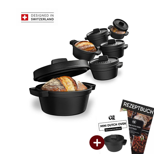 GUSSKÖNIG Mini Gusseisen Brotbackform Set – [6x, 4x] 300ml Brotbacktopf mit Deckel