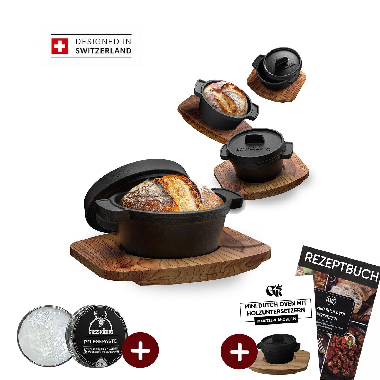 GUSSKÖNIG Mini Gusseisen Brotbackform Set – [6x, 4x] 300ml Brotbacktopf mit Deckel