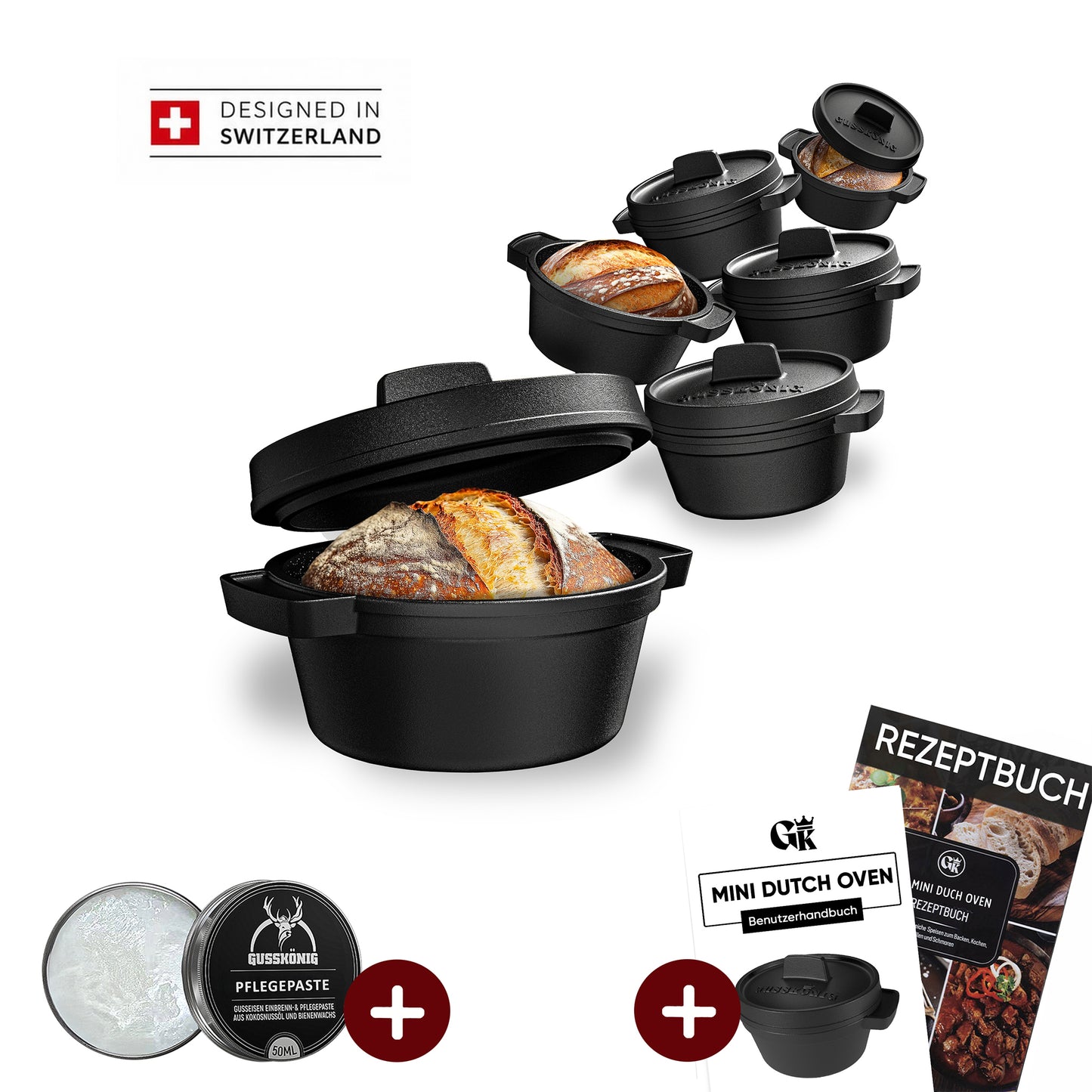 GUSSKÖNIG Mini Gusseisen Brotbackform Set – [6x, 4x] 300ml Brotbacktopf mit Deckel