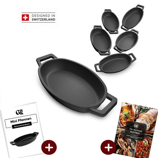 Servierpfannen Set – 6 ovale Gusseisenpfännchen