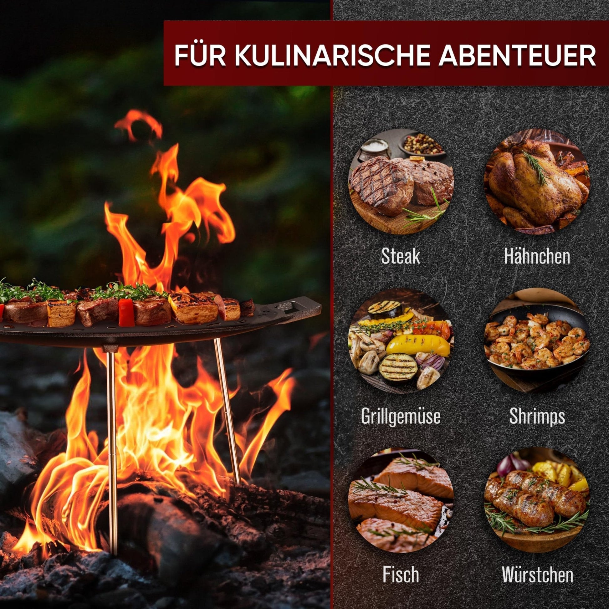 Gusseisen Grillplatte Ø42 cm mit 3 EdelstahlbeinenOhne PflegepasteGusskönig