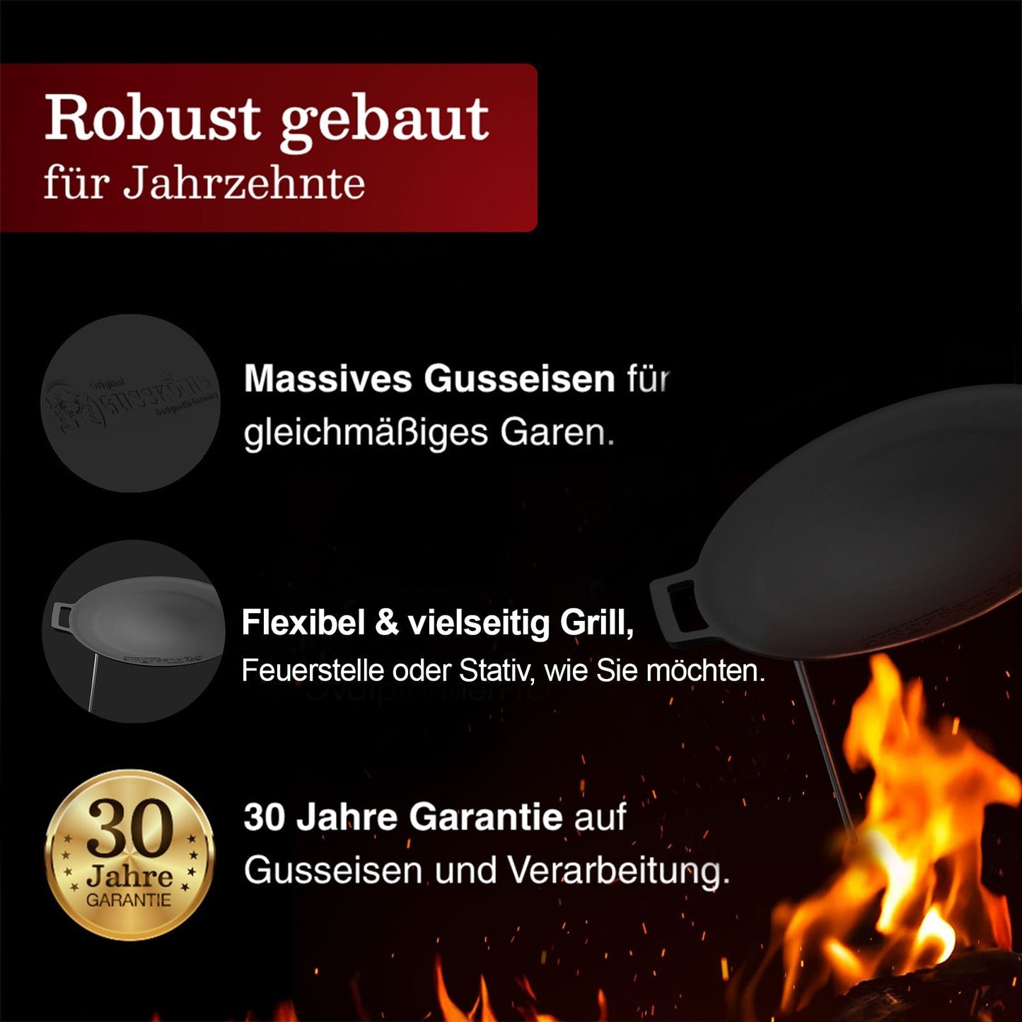Gusseisen Grillplatte Ø42 cm mit 3 EdelstahlbeinenOhne PflegepasteGusskönig