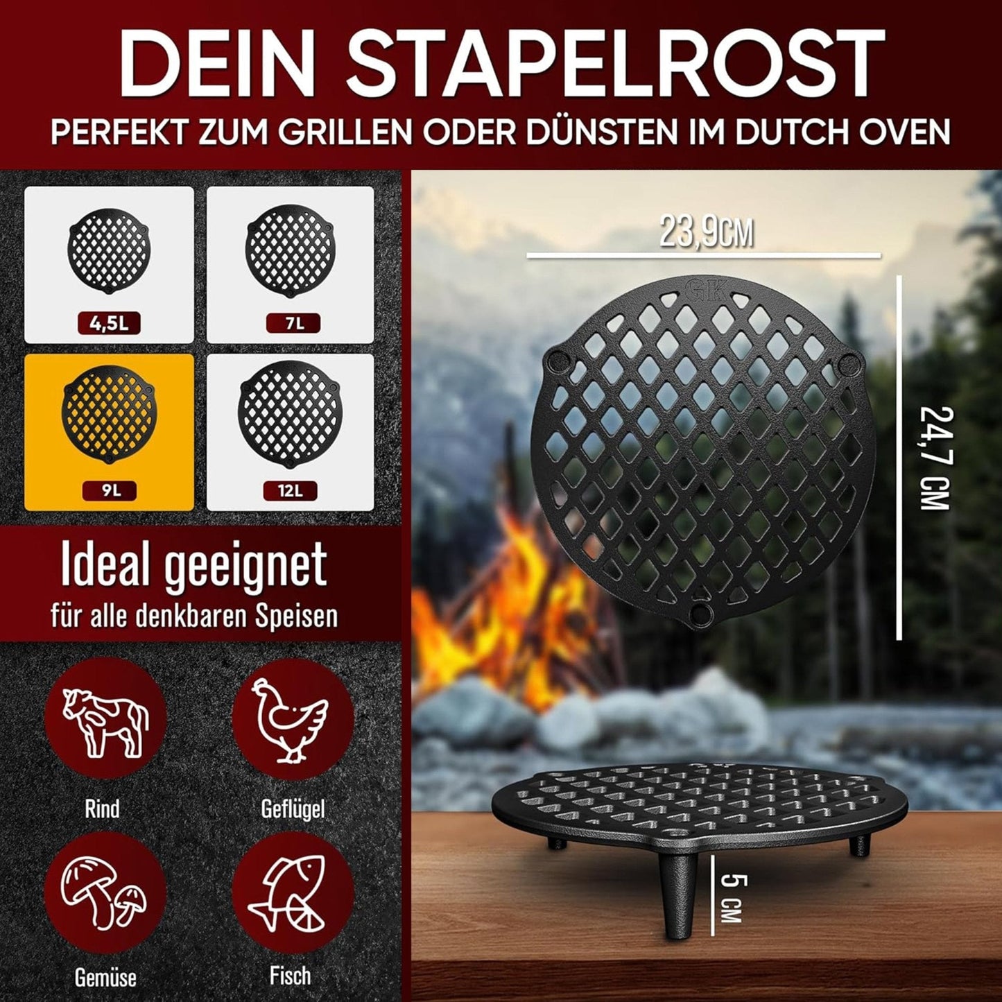Gusseisen Stapelrost mit Beinen – Dreibein & Feuerrost