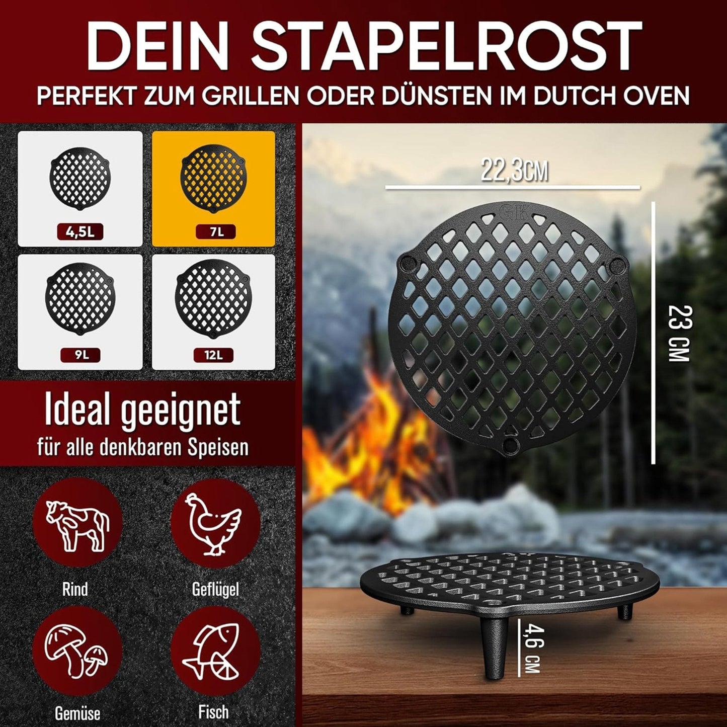 Gusseisen Stapelrost mit Beinen – Dreibein & Feuerrost7 LGusskönig