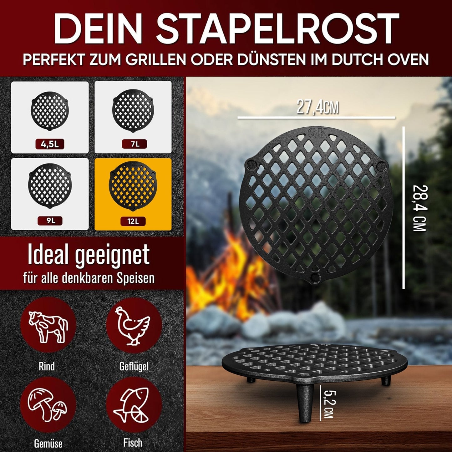 Gusseisen Stapelrost mit Beinen – Dreibein & Feuerrost