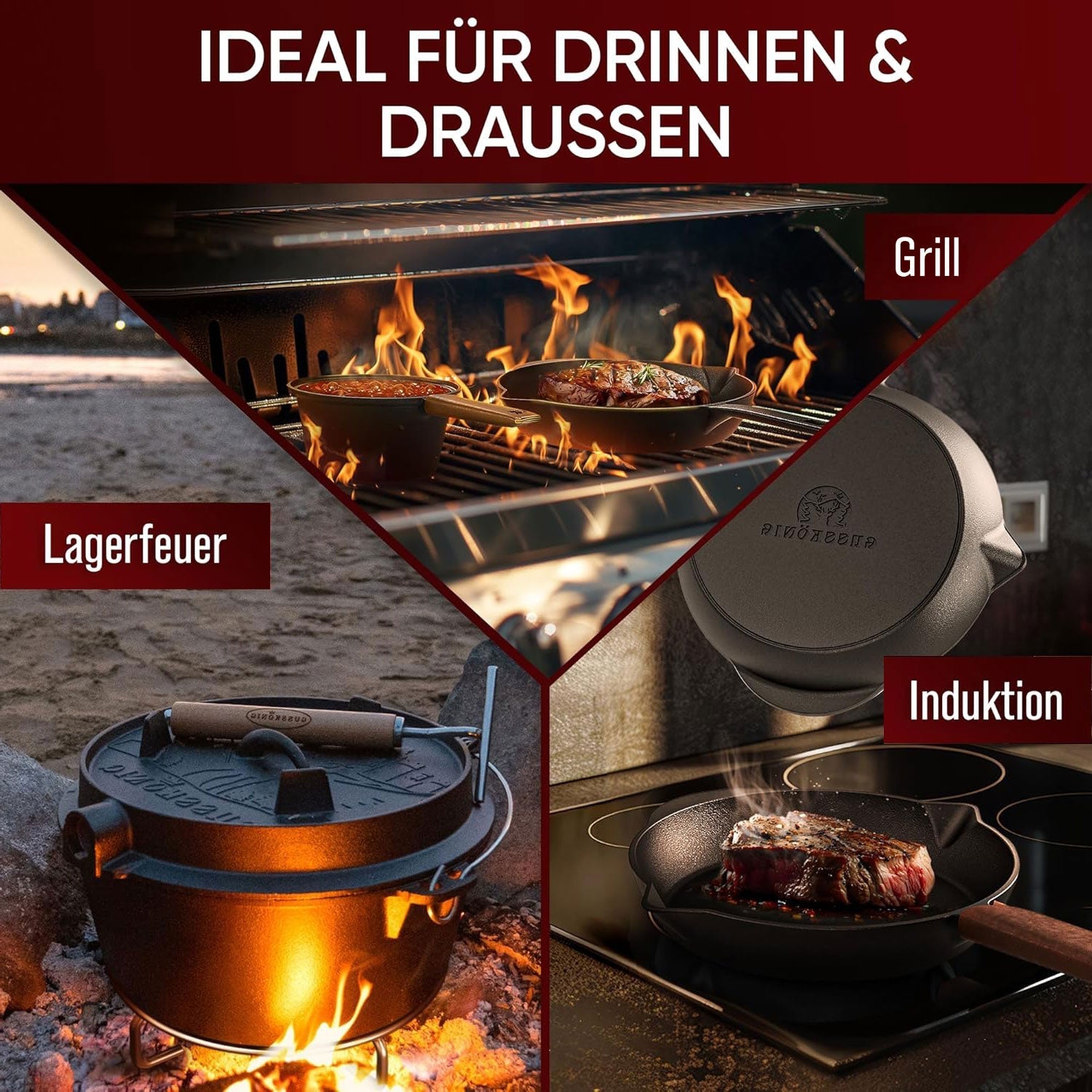 Gusseisen Topf - Set – Ideal zum Braten, Grillen & Schmoren10er SetGusskönig