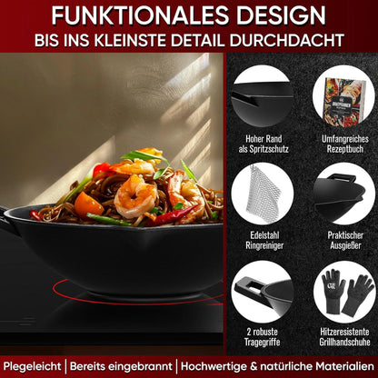 Gusskönig Gusseisen Wok Pfanne 36 cmOhne Grillhandschuhe+PflegepasteGusskönig