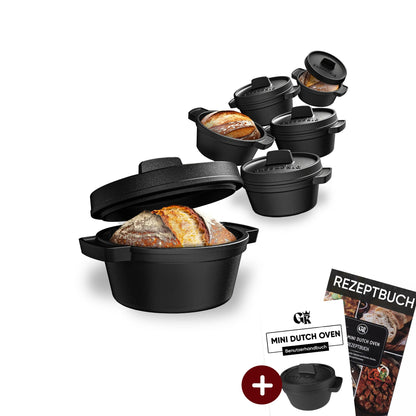 GUSSKÖNIG Mini Gusseisen Brotbackform Set – [6x, 4x] 300ml Brotbacktopf mit Deckel6X ohne HolzuntersetzerGusskönig
