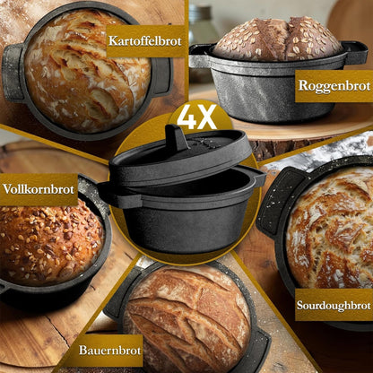 GUSSKÖNIG Mini Gusseisen Brotbackform Set – [6x, 4x] 300ml Brotbacktopf mit Deckel4X mit HolzuntersetzerGusskönig