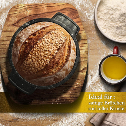 GUSSKÖNIG Mini Gusseisen Brotbackform Set – [6x, 4x] 300ml Brotbacktopf mit Deckel4X mit HolzuntersetzerGusskönig