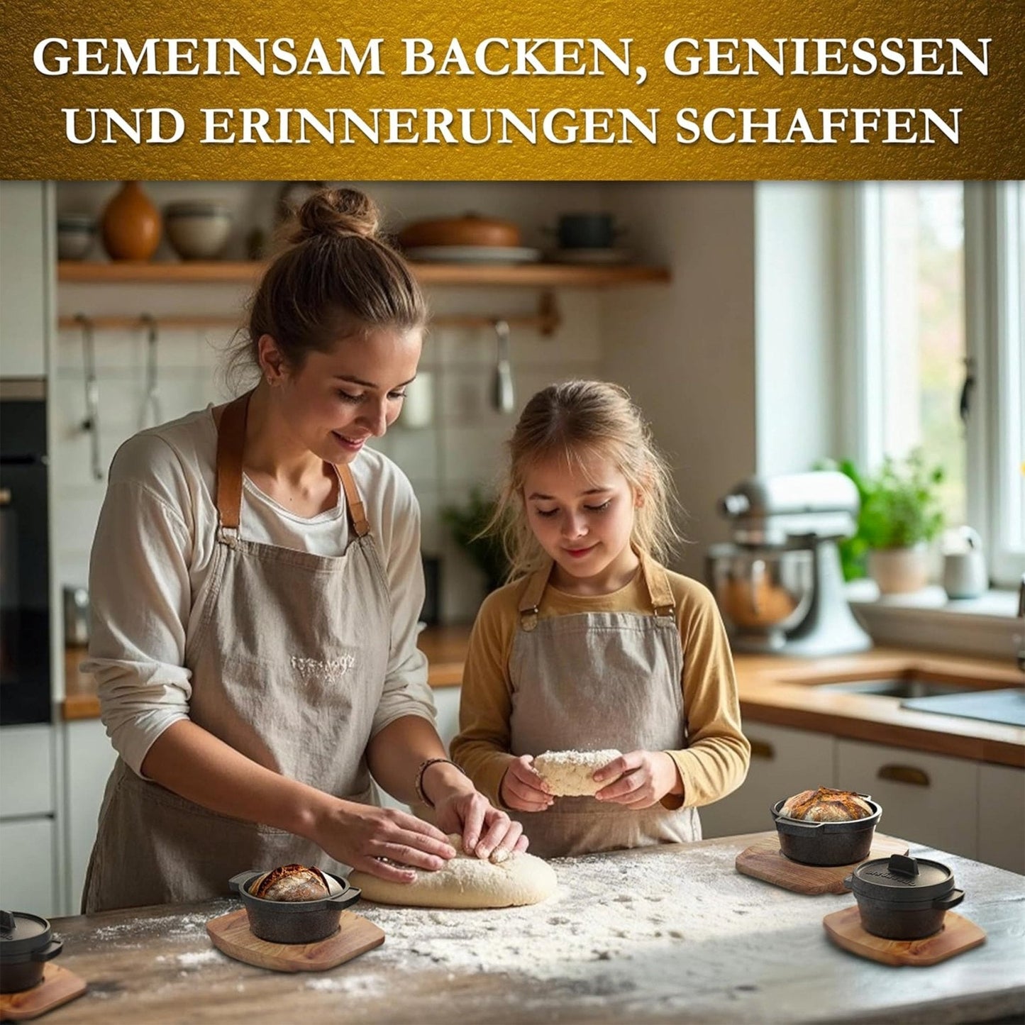 GUSSKÖNIG Mini Gusseisen Brotbackform Set – [6x, 4x] 300ml Brotbacktopf mit Deckel4X mit HolzuntersetzerGusskönig