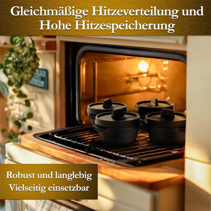 GUSSKÖNIG Mini Gusseisen Brotbackform Set – [6x, 4x] 300ml Brotbacktopf mit Deckel4X mit HolzuntersetzerGusskönig