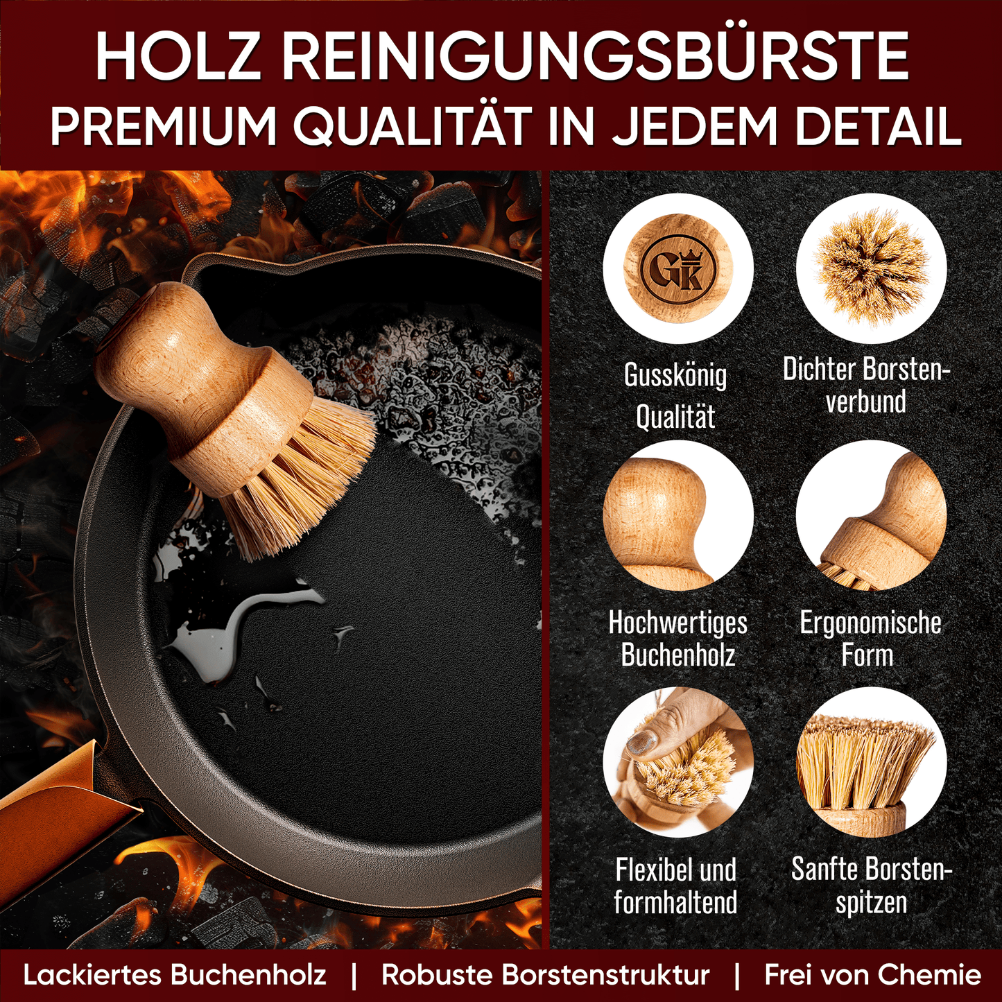 Holz-Spülbürste mit Sisal – schonend für Gusseisen--Gusskönig