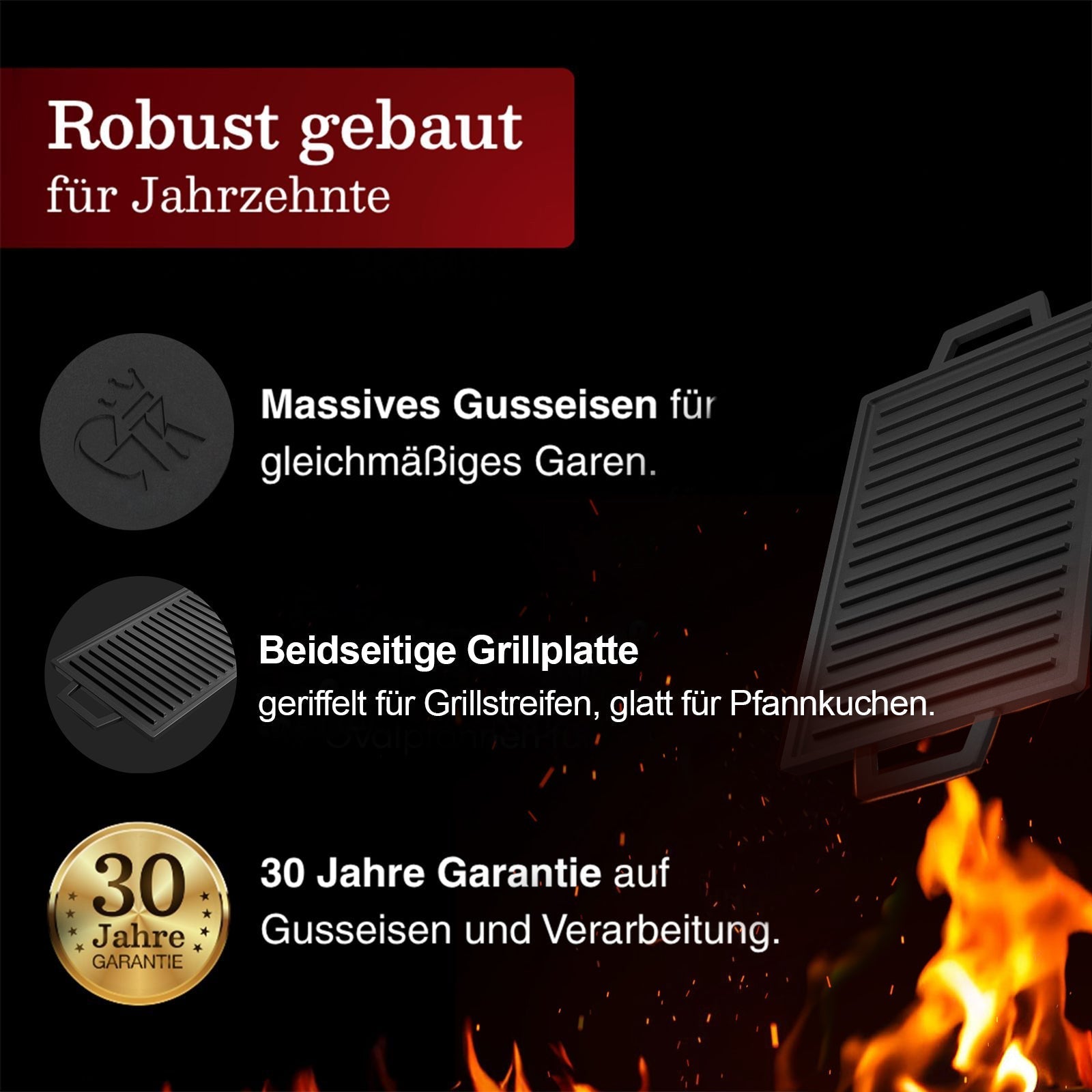Rechteckige Gusseisen Grillplatte (33 cm)Ohne PflegepasteGusskönig
